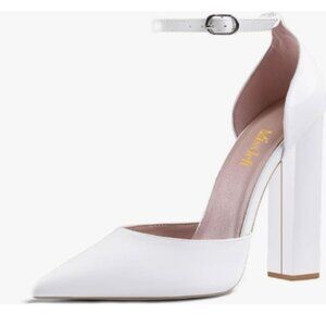 miss left White Ankle Buckle Strap Block Heel Pumps Pointed Toe D'Orsay Shoes